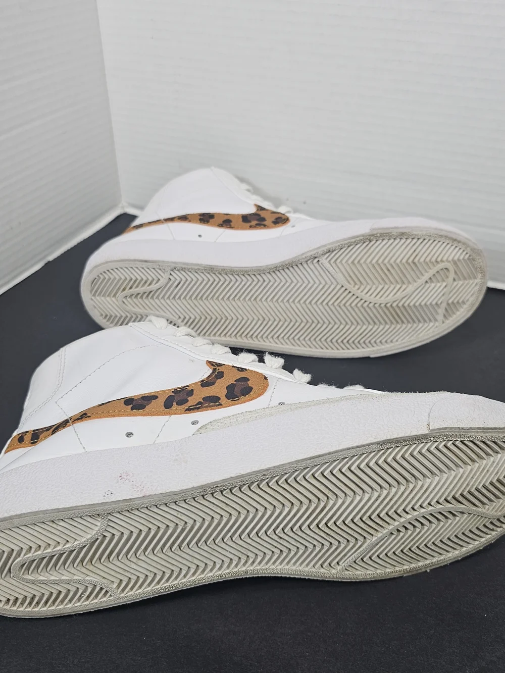 Nike White High-Top Sneaker with Leopard-Print Swoosh Womens Sz 9 White